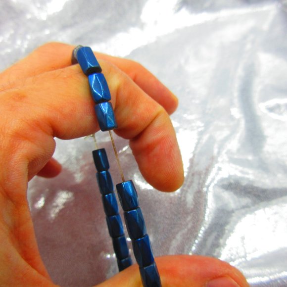 Blue Titanium Hematite Magnetic Barrels 7" Stretchy Gemstone Bracelet - Picture 3 of 3